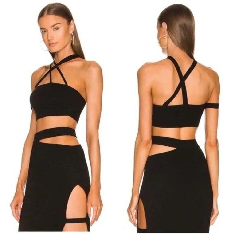 Ismane Knit Crop Top in Black MICHAEL COSTELLO Medium Club TopMSRP $158